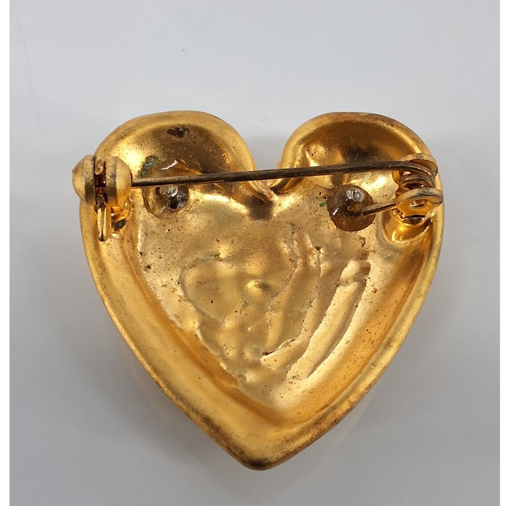 Vintage‎ Gold Puffed Heart Rhinestone Bow Brooch Pin 1.25" - Picture 2 of 6
